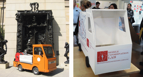 Current cart, in front of Rodin's Gates of Hell and a front view of the prototype